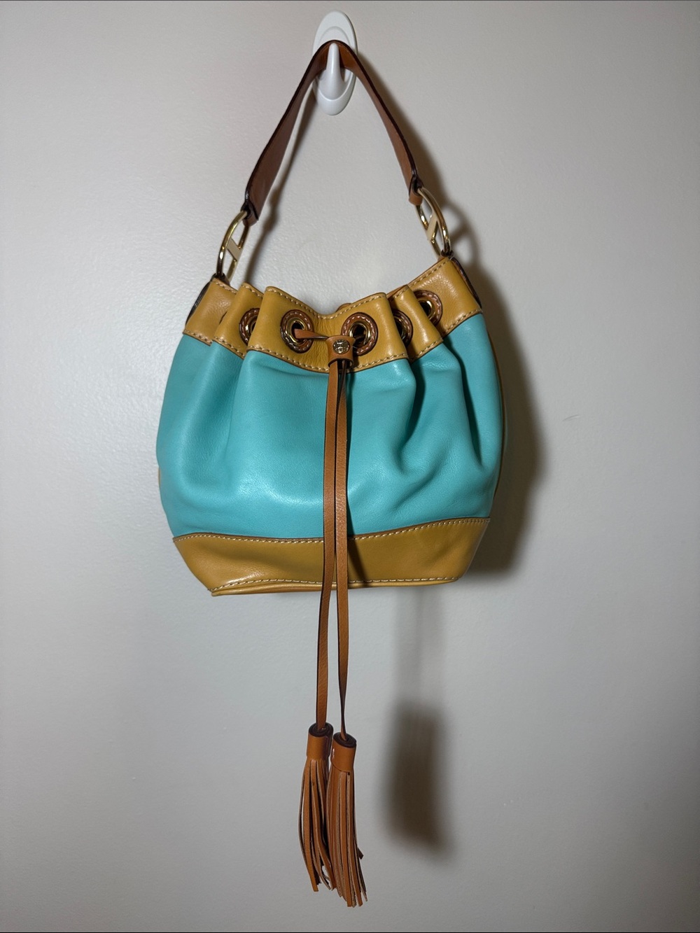 Turquoise & Tan Michael Kors Drawstring Bucket Bag - Women